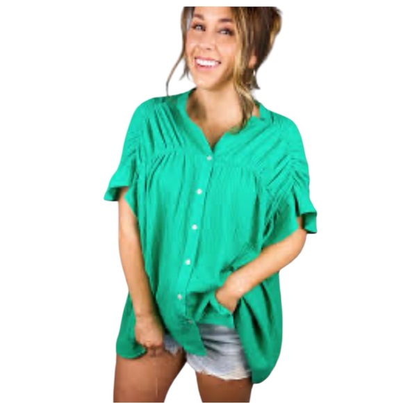 BiBi Kelly Green Button-Up Cotton Blouse NWT Size L - Picture 5 of 9